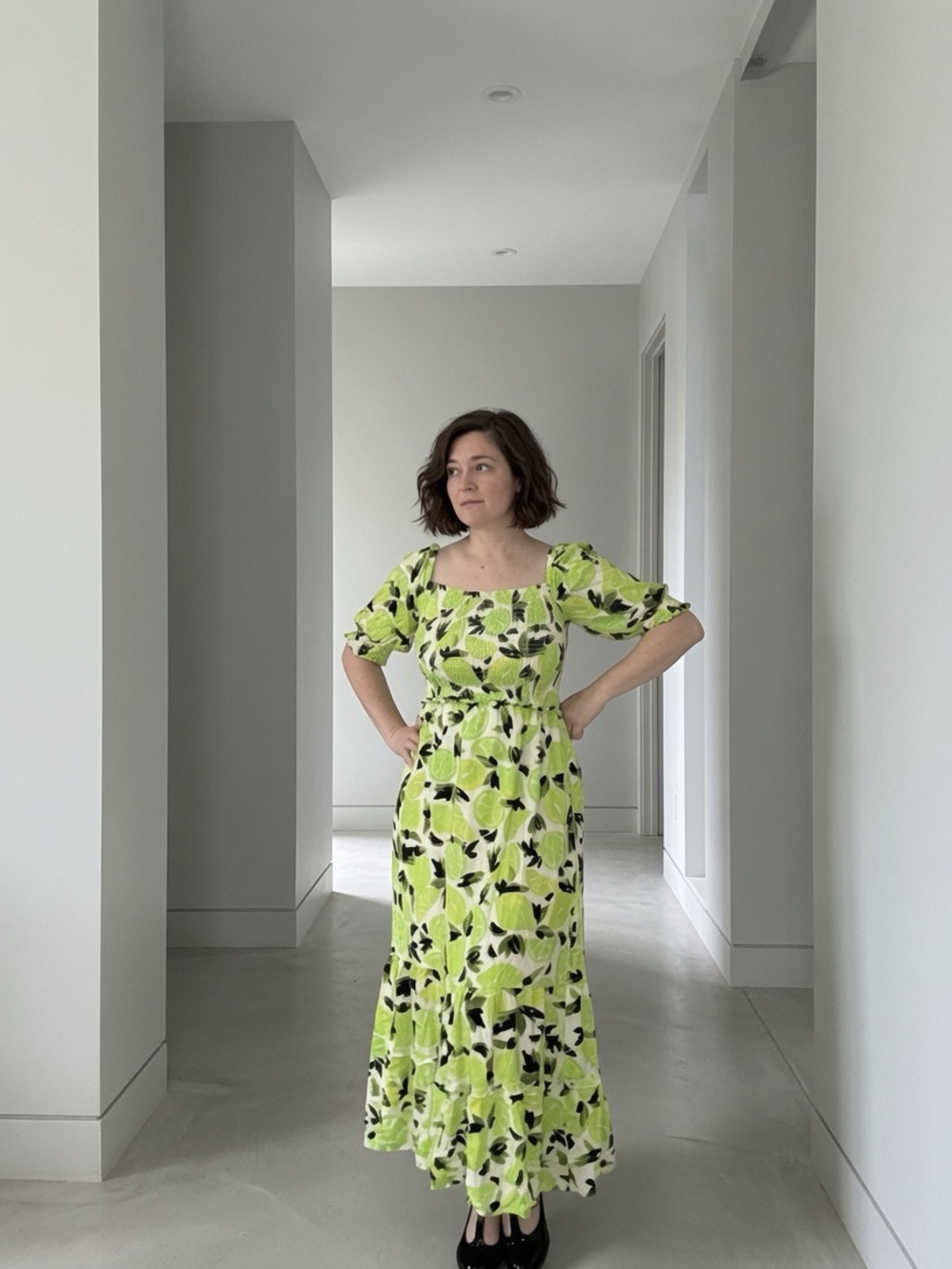 Steve Madden Lime Citrus Print Smocked Puff Sleeve Maxi Dress Size Medium